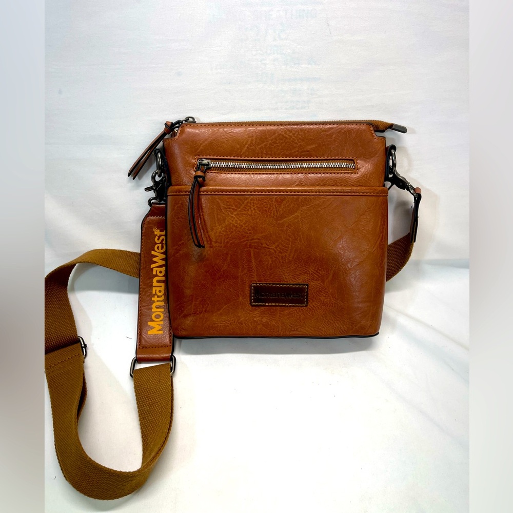 Montana West LEATHER Crossbody ‎ Bag Unisex 10x10” Brown W/Guitar Style Strap